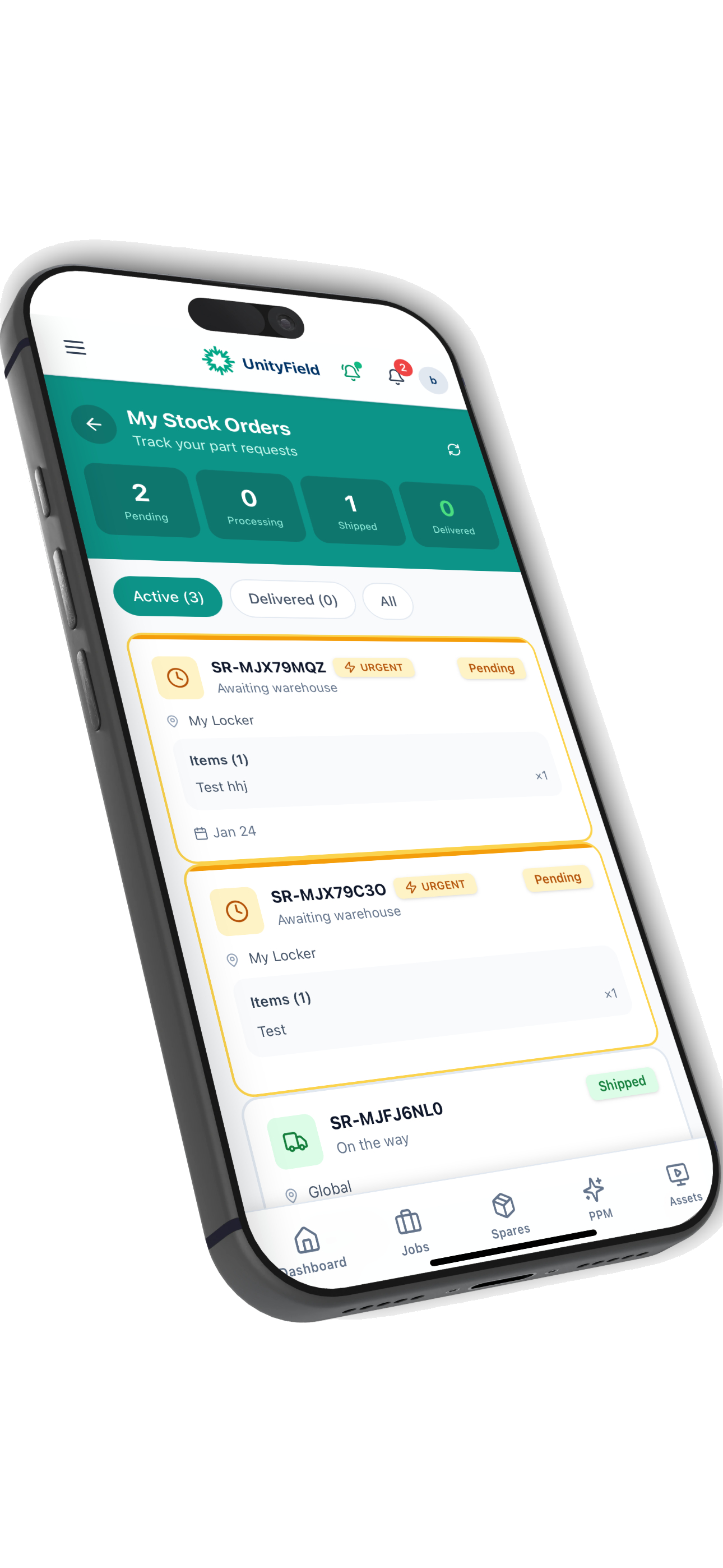 UnityField app stock orders tracking spares and parts